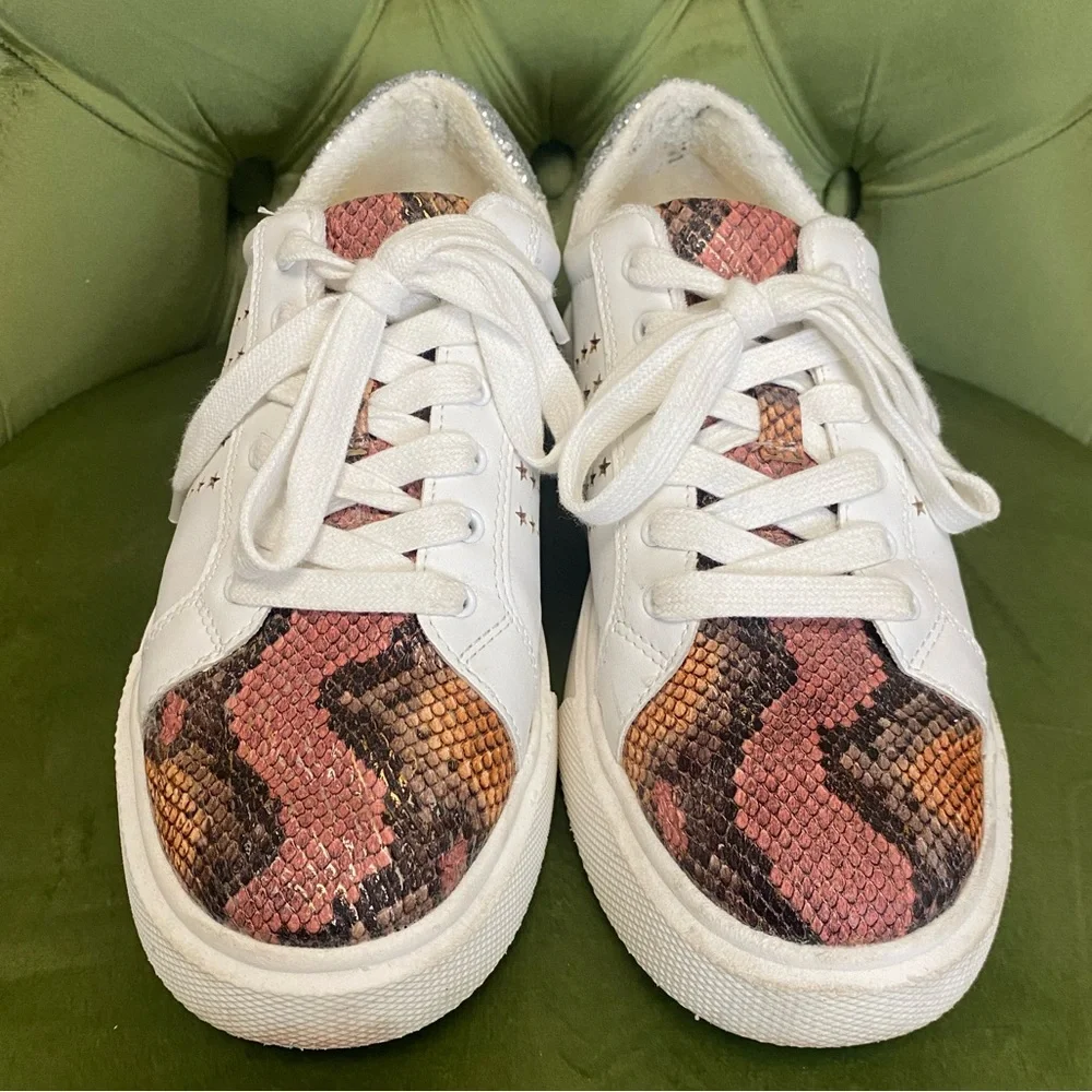 JLO JENNIFER LOPEZ Platform Sneakers White Silver & Brown Snake Print Size 8